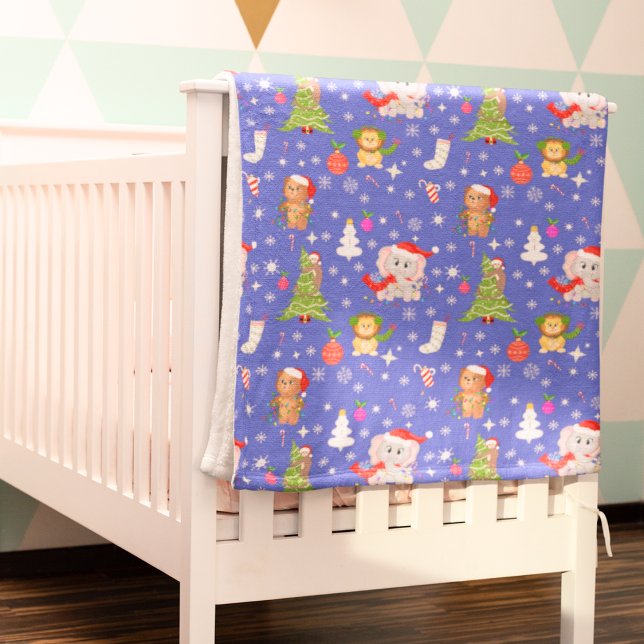 Christmas Zoo Animals In Sky Blue Baby Blanket (Creator Uploaded)