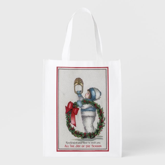 ChristmasKid Holding Wreath Knocking Grocery Bag (Front)