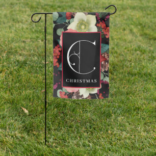 Christmasl Floral Background, Scroll Monogram C Garden Flag