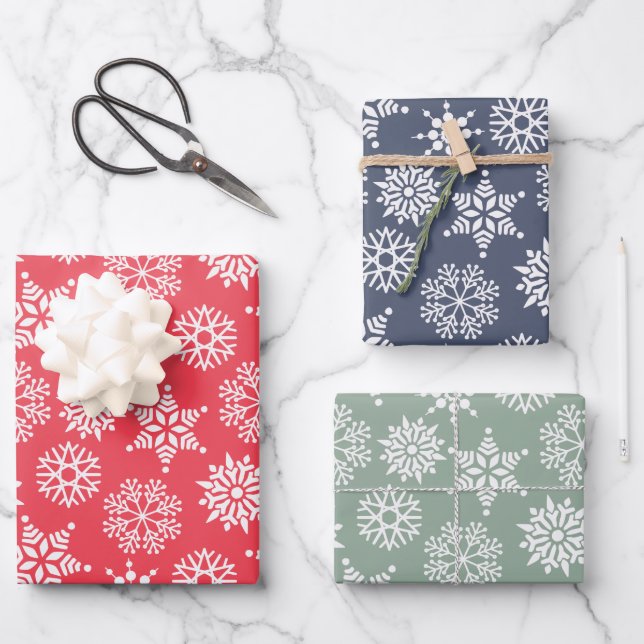 Christmast Snowflake Red Green Blue Pattern Wrapping Paper Sheets (Front)