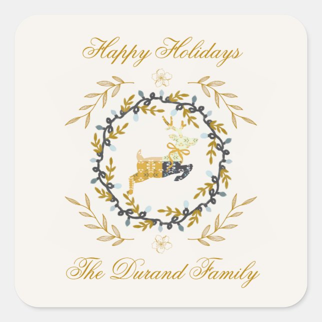Christmastime Deer with Wreath Yellow Cream Square Sticker (Front)