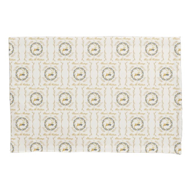 Christmastime Deer & Wreath Yellow Cream Pattern Pillow Case (Front)