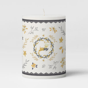 Christmastime Deer Yellow Cream Floral Blue Pillar Candle