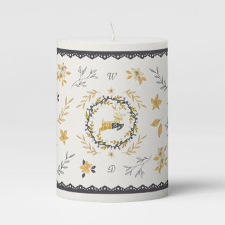 Christmastime Deer Yellow Cream Floral Blue Pillar Candle