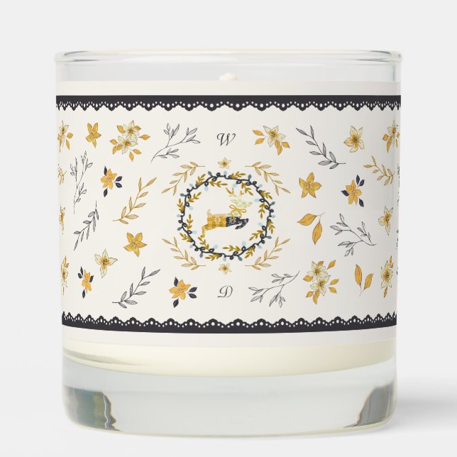 Christmastime Deer Yellow Cream Floral Blue Scented Candle (Front)
