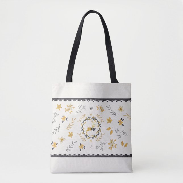Christmastime Deer Yellow Cream Floral Blue Tote Bag (Front)