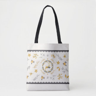 Christmastime Deer Yellow Cream Floral Blue Tote Bag