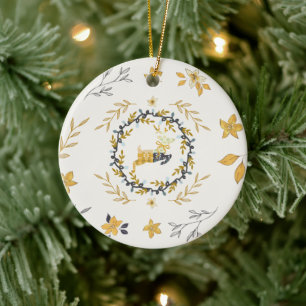 Christmastime Deer Yellow Cream Floral Ceramic Ornament