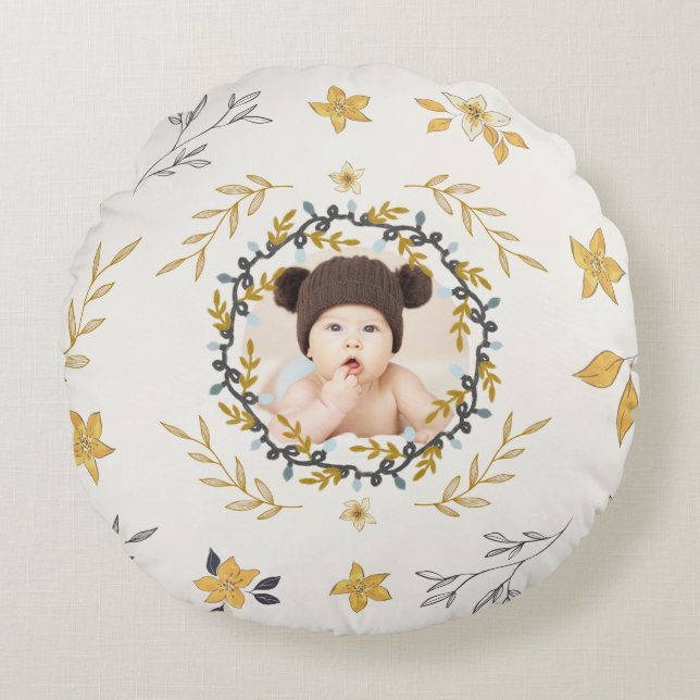 Christmastime Deer Yellow Cream Floral Photo Round Pillow (Front)