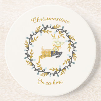 Christmastime Deer Yellow Cream Sandstone Coaster