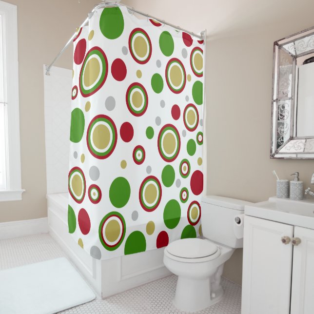Christmastime Geometric Red Green Silver Gold Shower Curtain (In Situ)