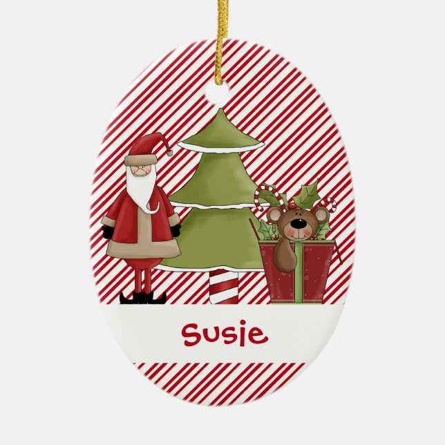 Christmastime Santa Tree Teddy Bear Gift Ceramic Ornament (Front)