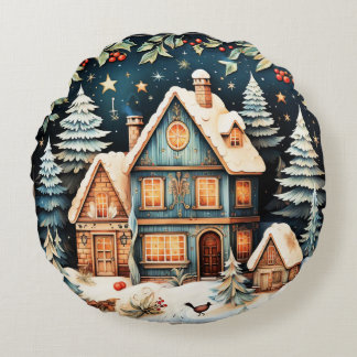 Christmastime, vintage holiday scene, round pillow