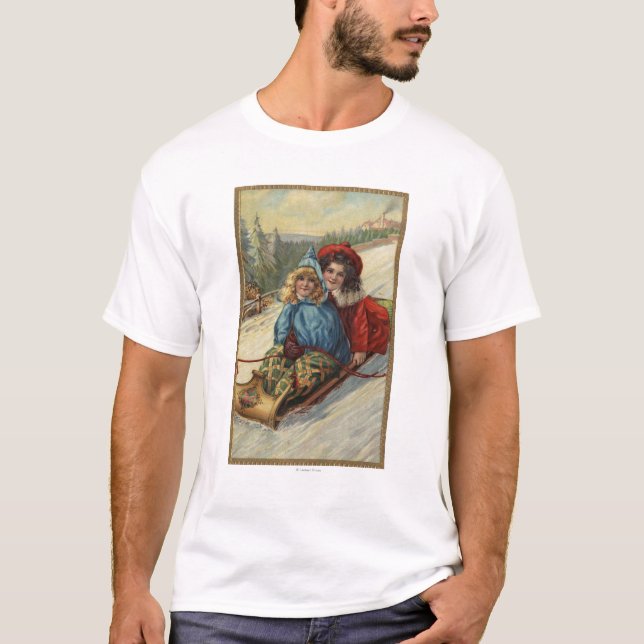 ChristmasTwo Little Girls Sledding T-Shirt (Front)