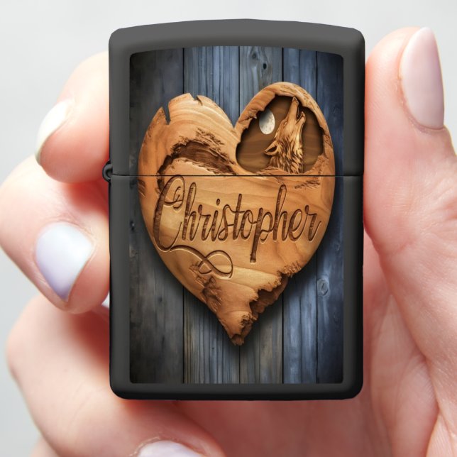 Christopher Carved Wooden Heart With Wolf Zippo Lighter (In Hand)