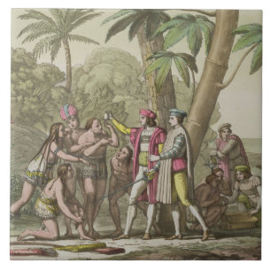 Christopher Columbus (1451-1506) with Native Ameri Tile
