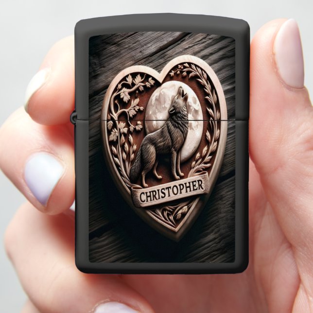 Christopher Wolf Howling At Moon In Heart Zippo Lighter (In Hand)