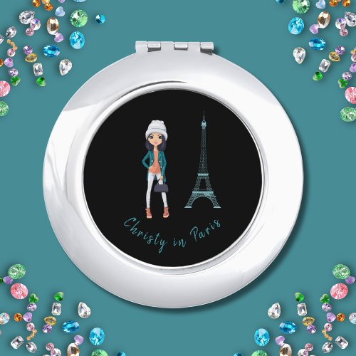 Christy in Paris Stylish Brunette with Grey Beanie Compact Mirror