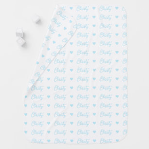 Christy repeating blue name and hearts on white baby blanket