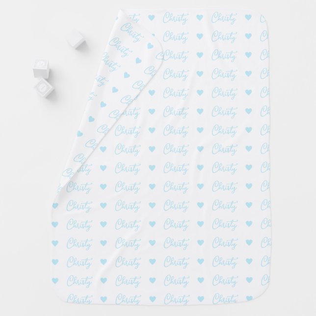 Christy repeating blue name and hearts on white baby blanket (In Situ)