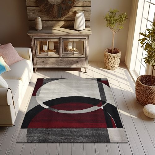 Chroma Fusion Contemporary Geometric Red White  Rug