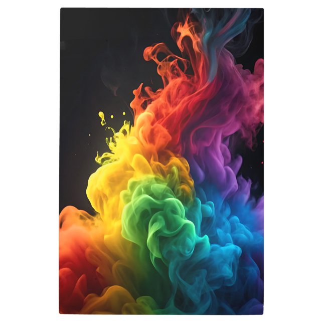 Chromatic Bloom — Vibrant Rainbow Smoke on Black  Metal Print (Front)