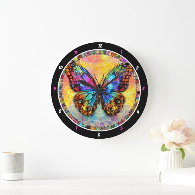 Chromatic Flutter" - Mosaic Butterfly Large Clock (Home)