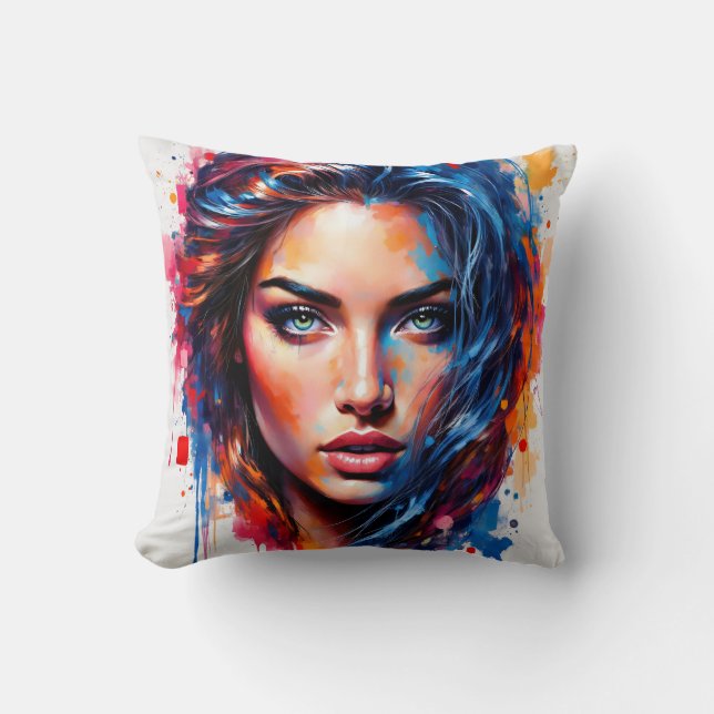 Chromatic Muse – Neon Splash Portrait Throw Pillow (Front)