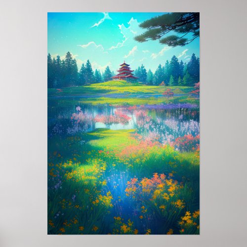 Chromatic Serenity Japanese Temple Poster