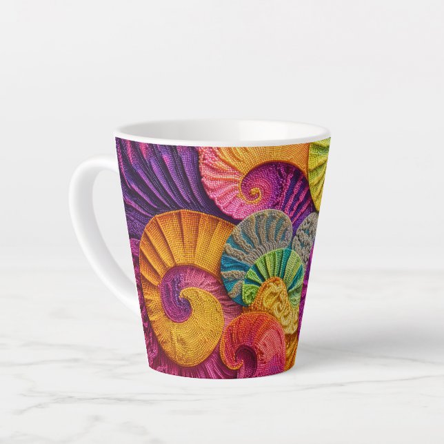 Chromatic Shells: Vibrant Spiral Mosaic Latte Mug (Left Angle)