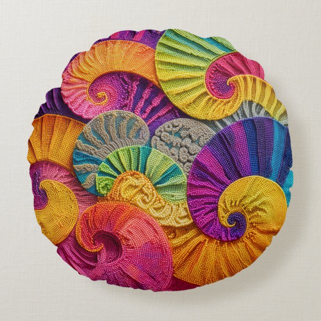 Chromatic Shells: Vibrant Spiral Mosaic Round Pillow (Front)