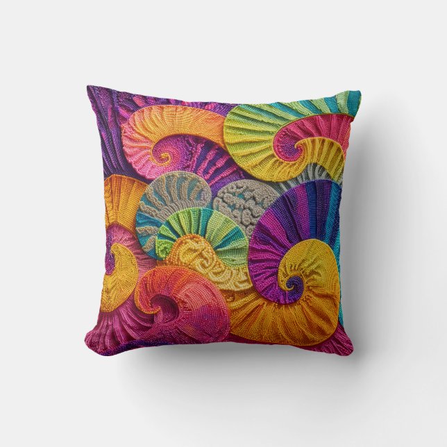 Chromatic Shells: Vibrant Spiral Mosaic Throw Pillow (Front)