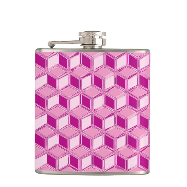 Chrome 3-d boxes - fuchsia pink hip flask (Front)