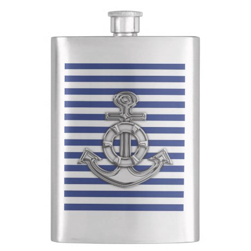 Chrome Anchor Nautical on Navy Stripes Print Flask