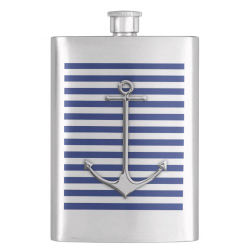 Chrome Anchor Nautical on Navy Stripes Print Hip Flask