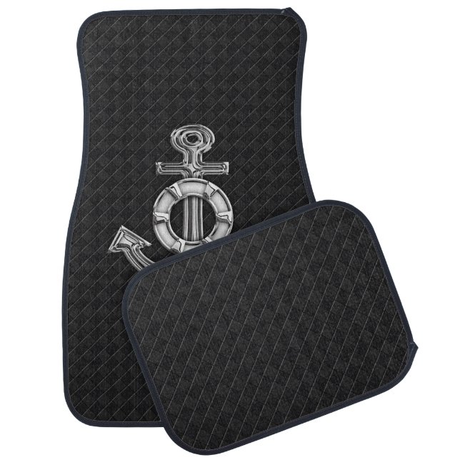 Chrome Anchor on Black Checkers Print Car Floor Mat (Set)