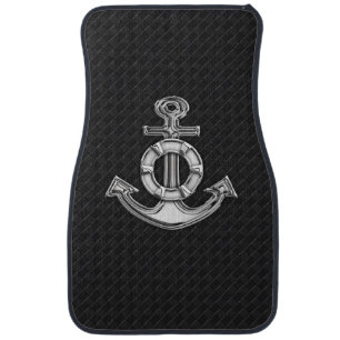 Chrome Anchor on Black Checkers Print Car Mat