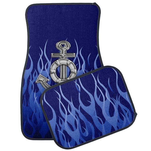 Chrome Anchor on Blue Flames Print Car Mat (Set)