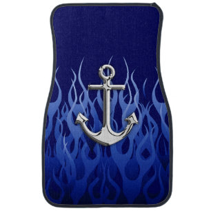 Chrome Anchor on Blue Flames Print Car Mat
