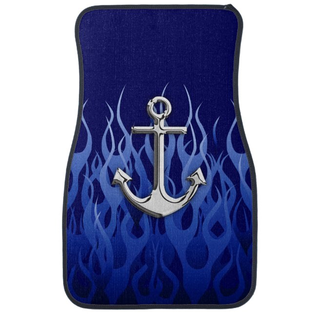 Chrome Anchor on Blue Flames Print Car Mat (Front)