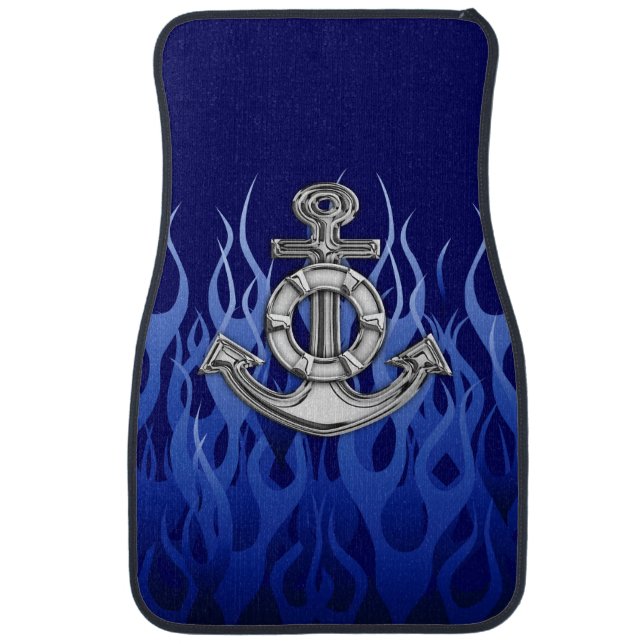 Chrome Anchor on Blue Flames Print Car Mat (Front)