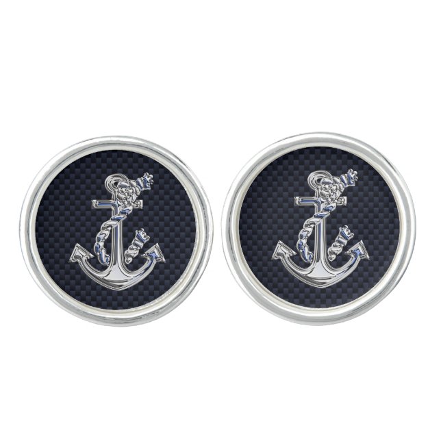 Chrome Anchor on Carbon Fiber Print Cufflinks (Front)