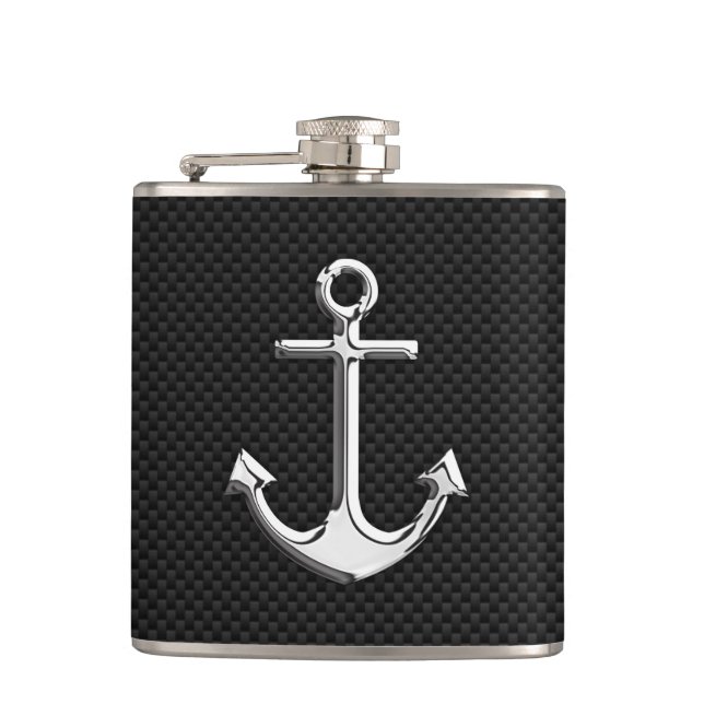 Chrome Anchor on Carbon Fiber Print Flask (Front)