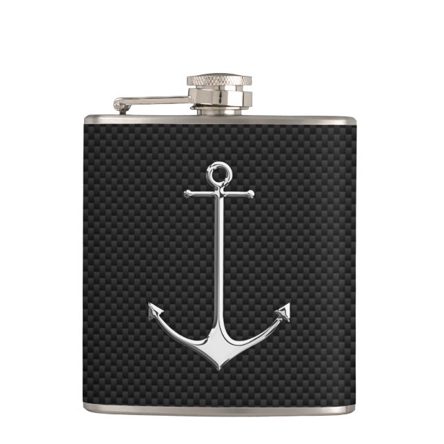 Chrome Anchor on Carbon Fiber Print Hip Flask (Front)