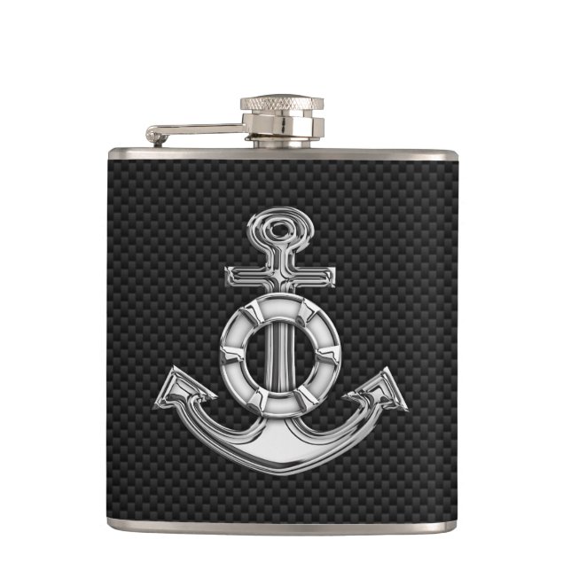 Chrome Anchor on Carbon Fiber Print Hip Flask (Front)