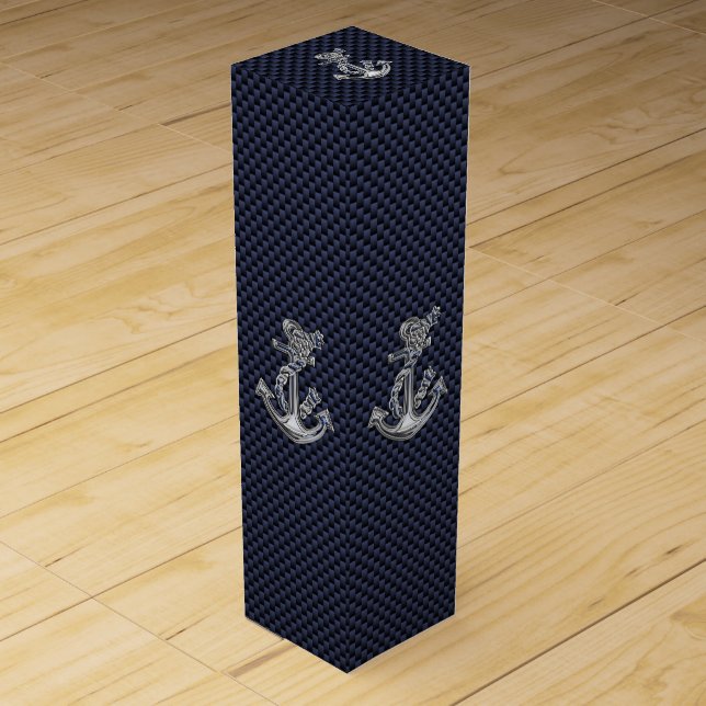 Chrome Anchor on Carbon Fiber Print Wine Gift Box (Front)