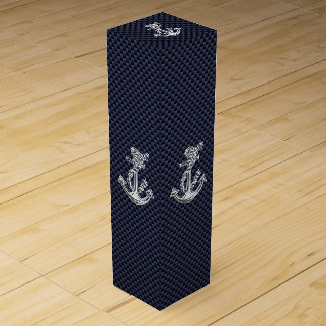Chrome Anchor on Carbon Fiber Print Wine Gift Box (Front)