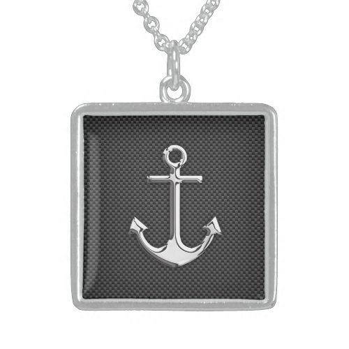 Chrome Anchor on Carbon Fiber Sterling Silver Necklace