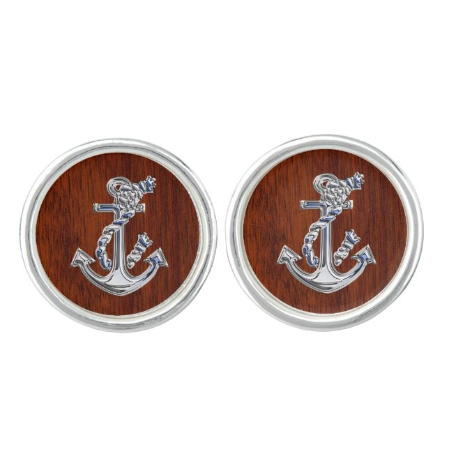 Chrome Anchor on Mahogany Print Cufflinks (Front)