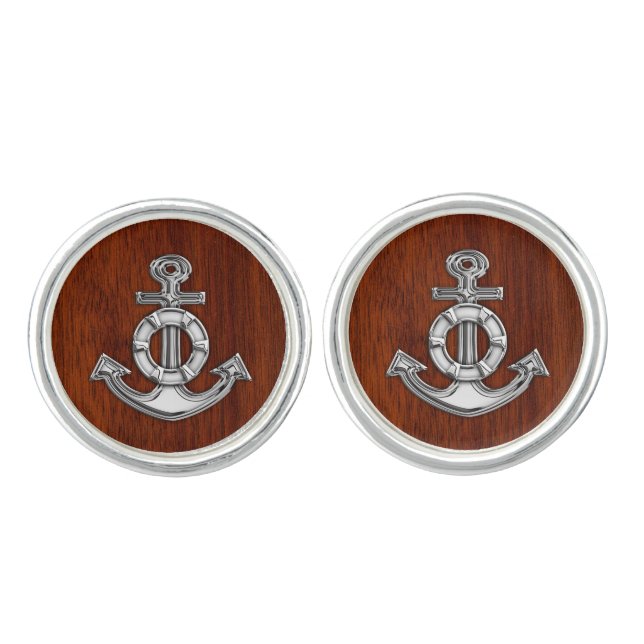 Chrome Anchor on Mahogany Print Cufflinks (Front)
